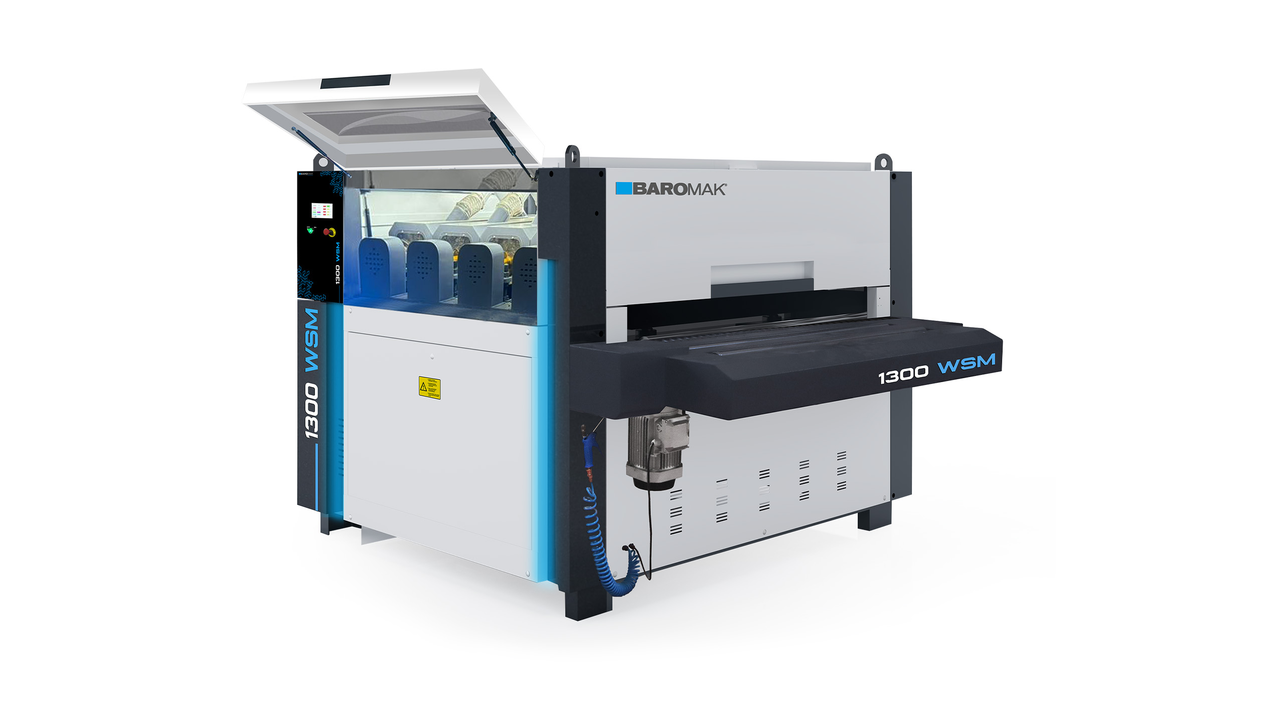 Baromak 1300 WSM industrial wet sanding machine with open top cover, blue accents, and motor unit on white background