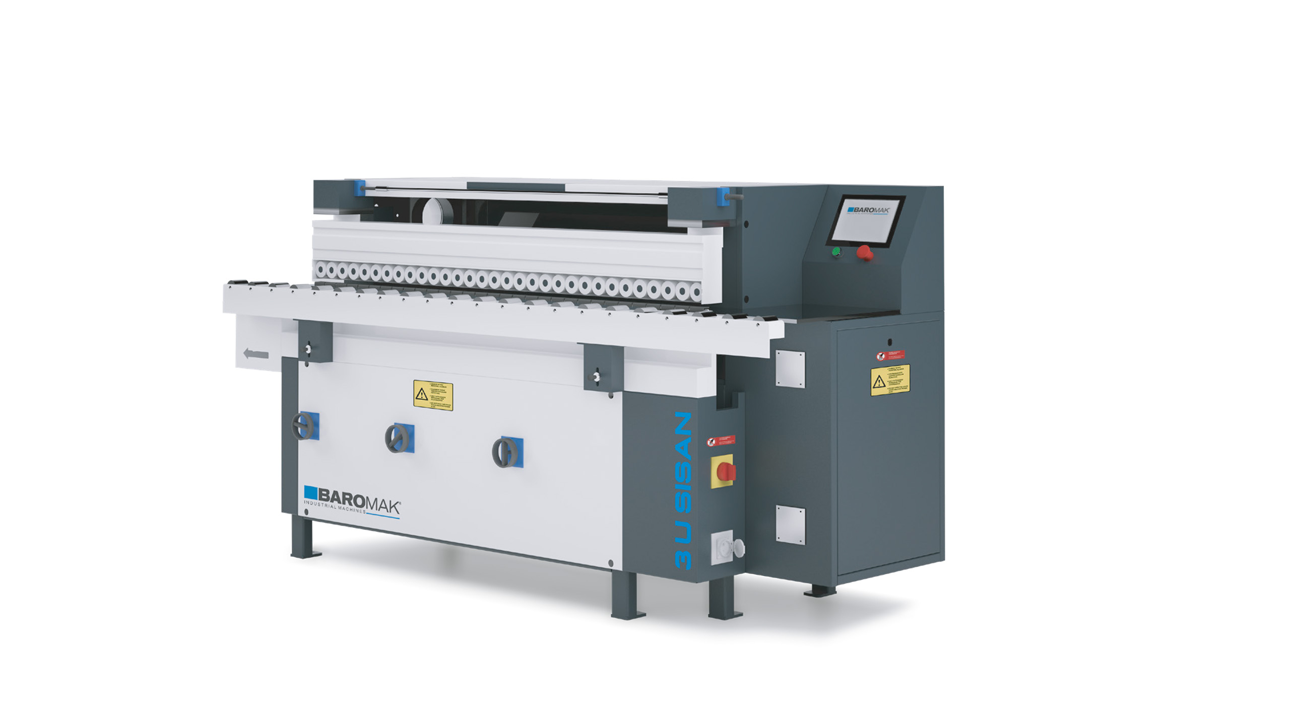 Baromak 3U SISAN industrial machine with touchscreen control panel, grey and white body, conveyor feed system and warning labels