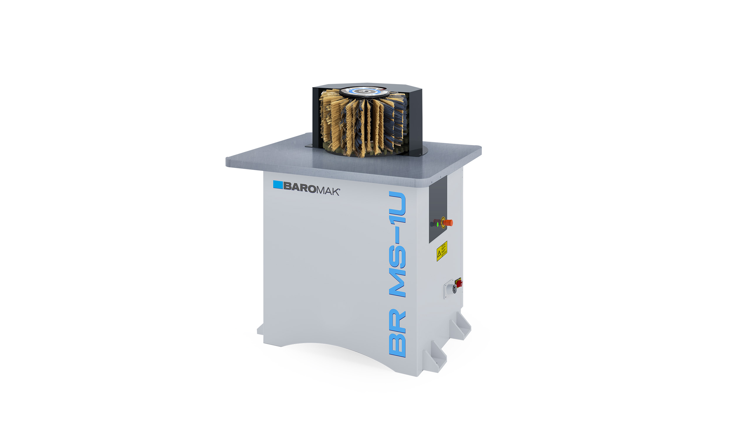 Baromak BR MS-1U brushing and deburring machine with rotating brush head mounted on a grey cabinet unit