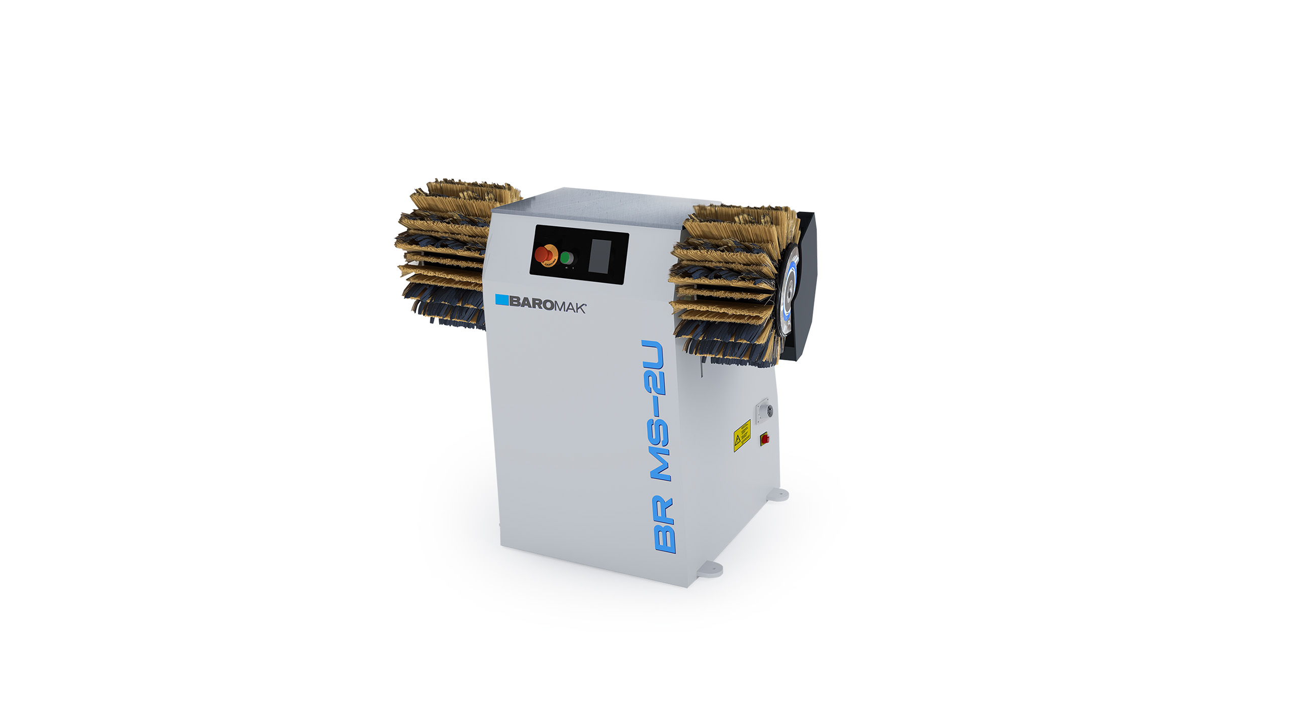 Baromak BR MS-2U industrial brush deburring machine with two rotary brushes on a grey metal unit