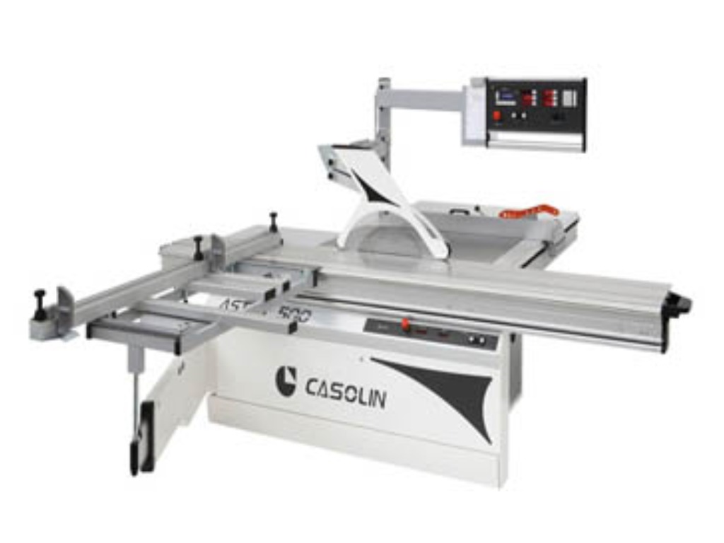 Casolin Astra 500 3-axis panel saw with sliding table, blade guard, and mounted digital control panel