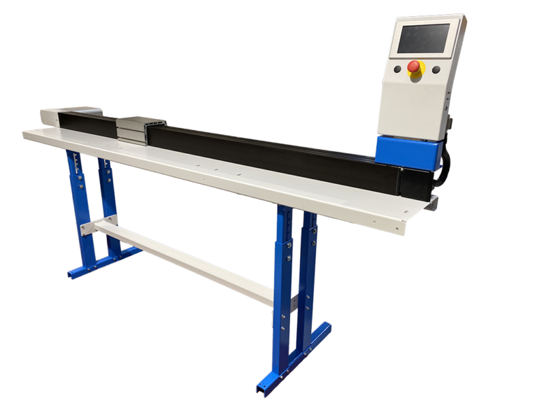 Copenstick STP industrial machine with blue steel frame, white worktop, black rail, and a control panel with emergency stop button