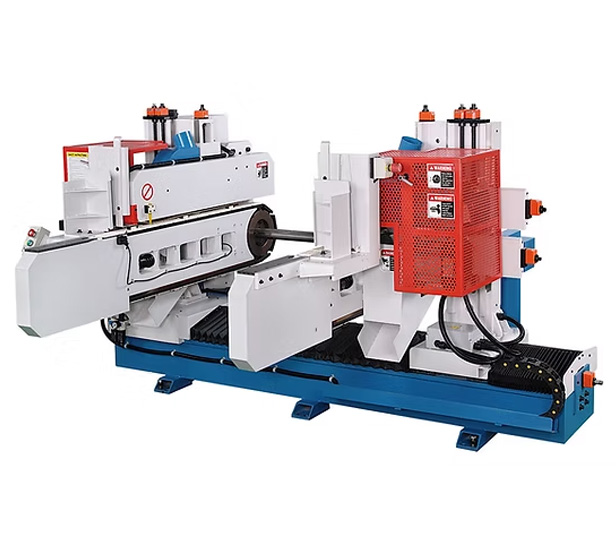 Double End Sizer C Type machine with white and blue frame, red control panel, and twin cutting heads on a metal base