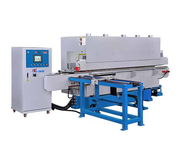 ECT-SET100 industrial edge banding machine with blue steel frame and separate grey control panel unit