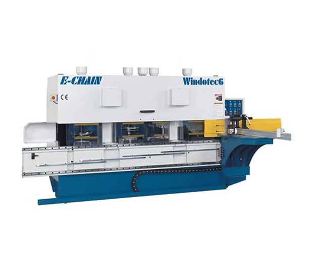 E-Chain Windotec6 industrial CNC machining centre in white and blue with a yellow control panel