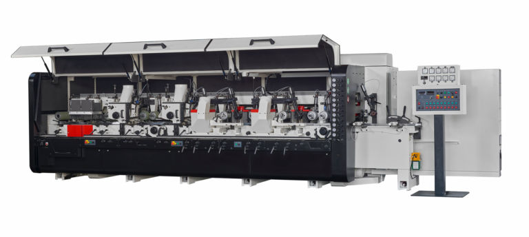 GA-923H high speed planer moulder machine with multiple spindle heads, open safety guards, and a standalone control panel