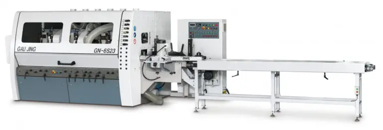 Gau Jing GN-6S23 four-side planer and moulder machine with infeed conveyor table on a white background