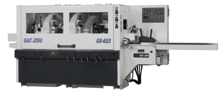 Gau Jing GS-623 moulder machine with dust extraction hose, spindle heads, and control panel with coloured buttons.