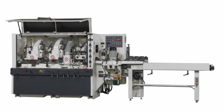 GS-623 short piece 120mm moulder machine with multiple spindle heads, control panel, and extended outfeed table on white background