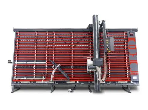 IWM 2.1m x 4.1m vertical panel saw with red horizontal rails and a motorised vertical cutting carriage