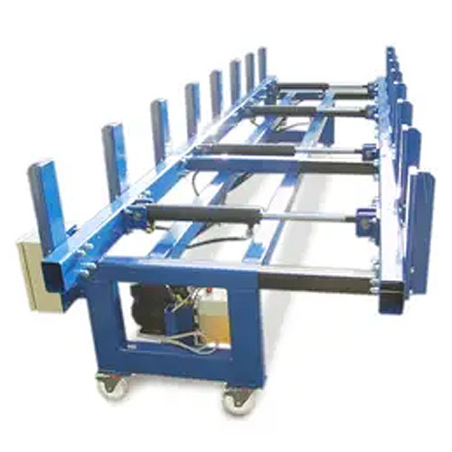 Blue IWM 4 piston hydraulic stair cramp machine on castors with vertical clamp posts and motor unit