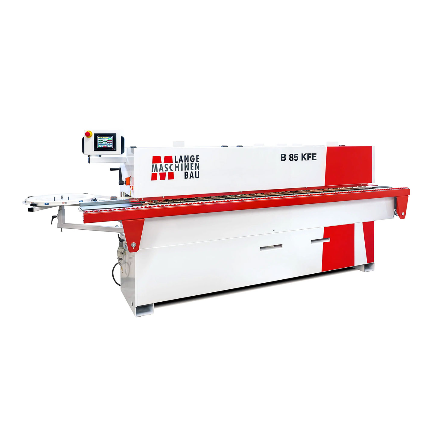 Lange Maschinenbau B 85 KFE edge banding machine in red and white with touchscreen control panel and feed conveyor