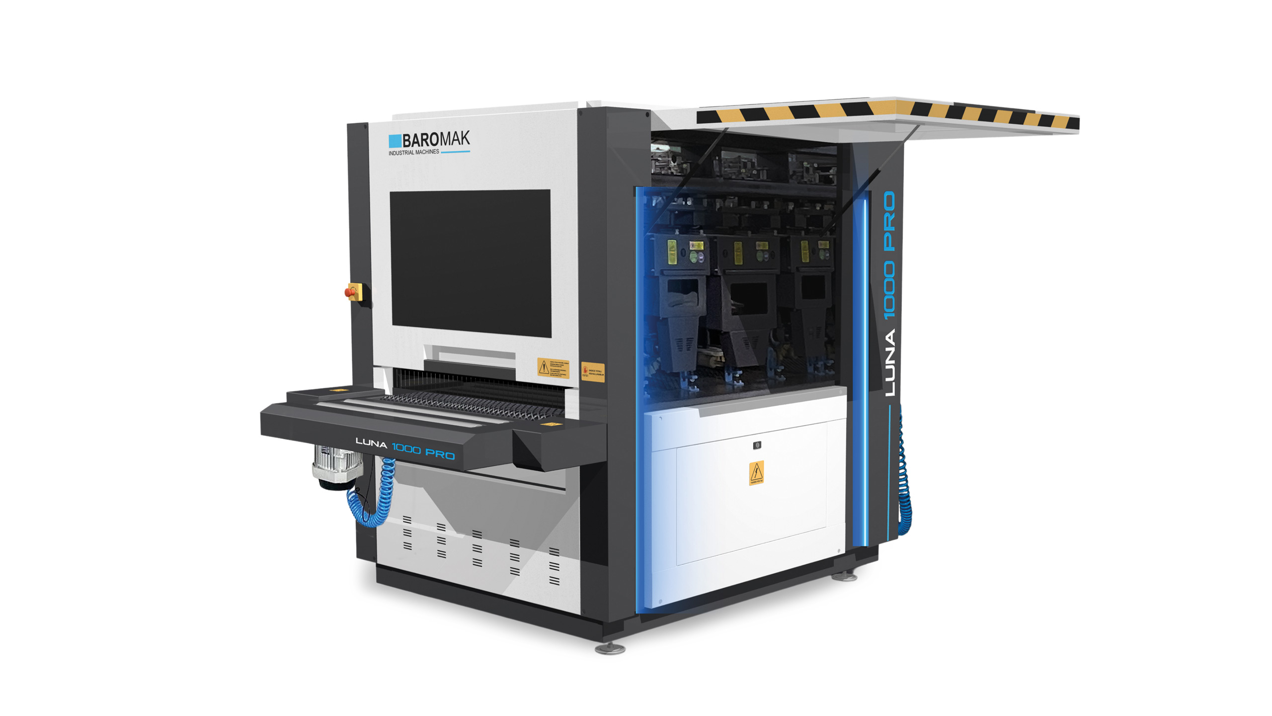 Baromak Luna 1000 Pro industrial machine with open side panel revealing internal components and blue-lit electronics bay