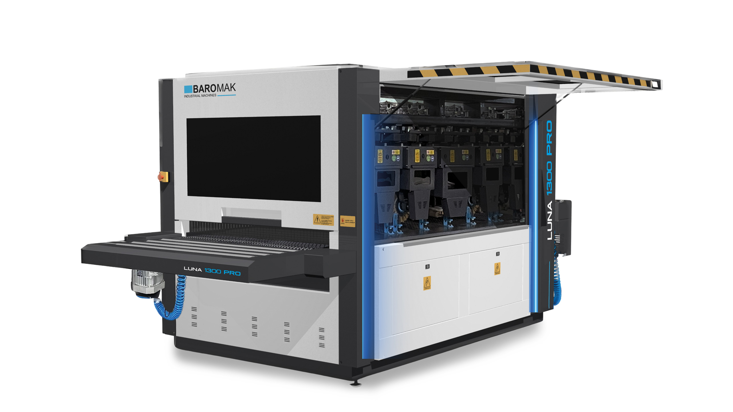 Baromak Luna 1300 Pro industrial machine with open side panel revealing internal components and a sliding work table