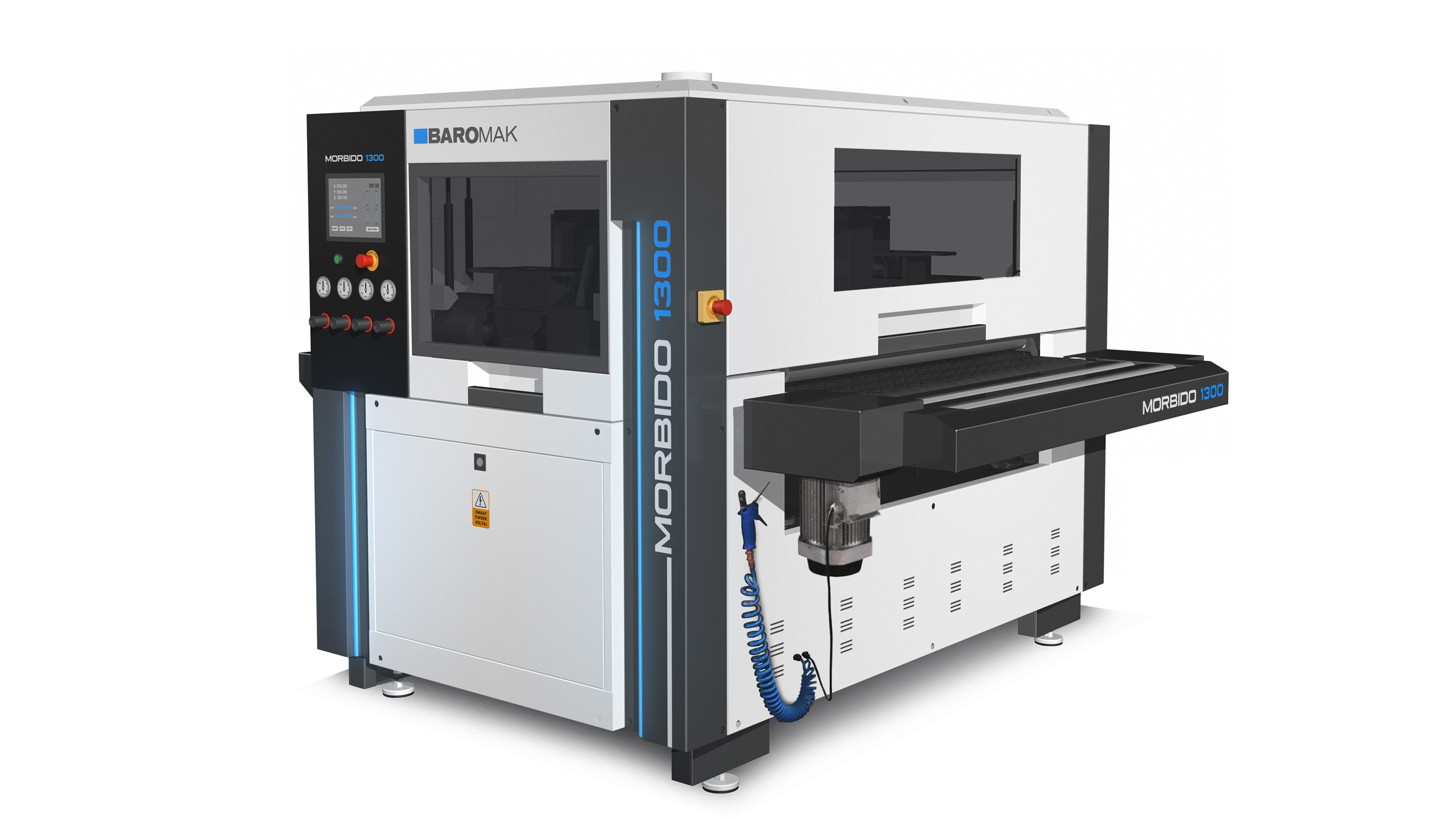 Baromak Morbido 1300 CNC machine with control panel, emergency stop buttons, and extended feed table on a white background