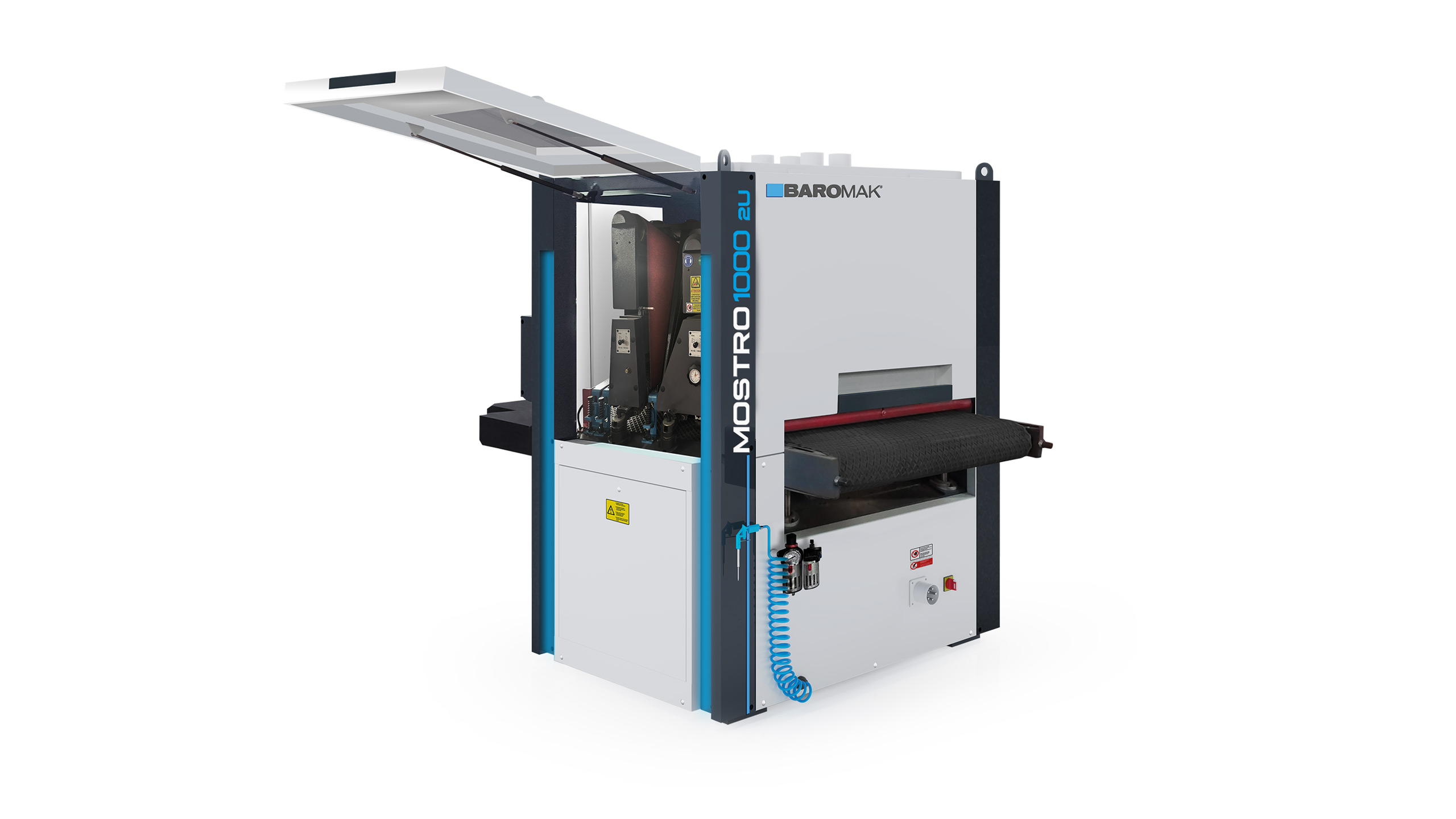 Baromak MOSTRO 1000 2U industrial wide belt sanding machine with open top cover, conveyor belt, and blue coiled air hose