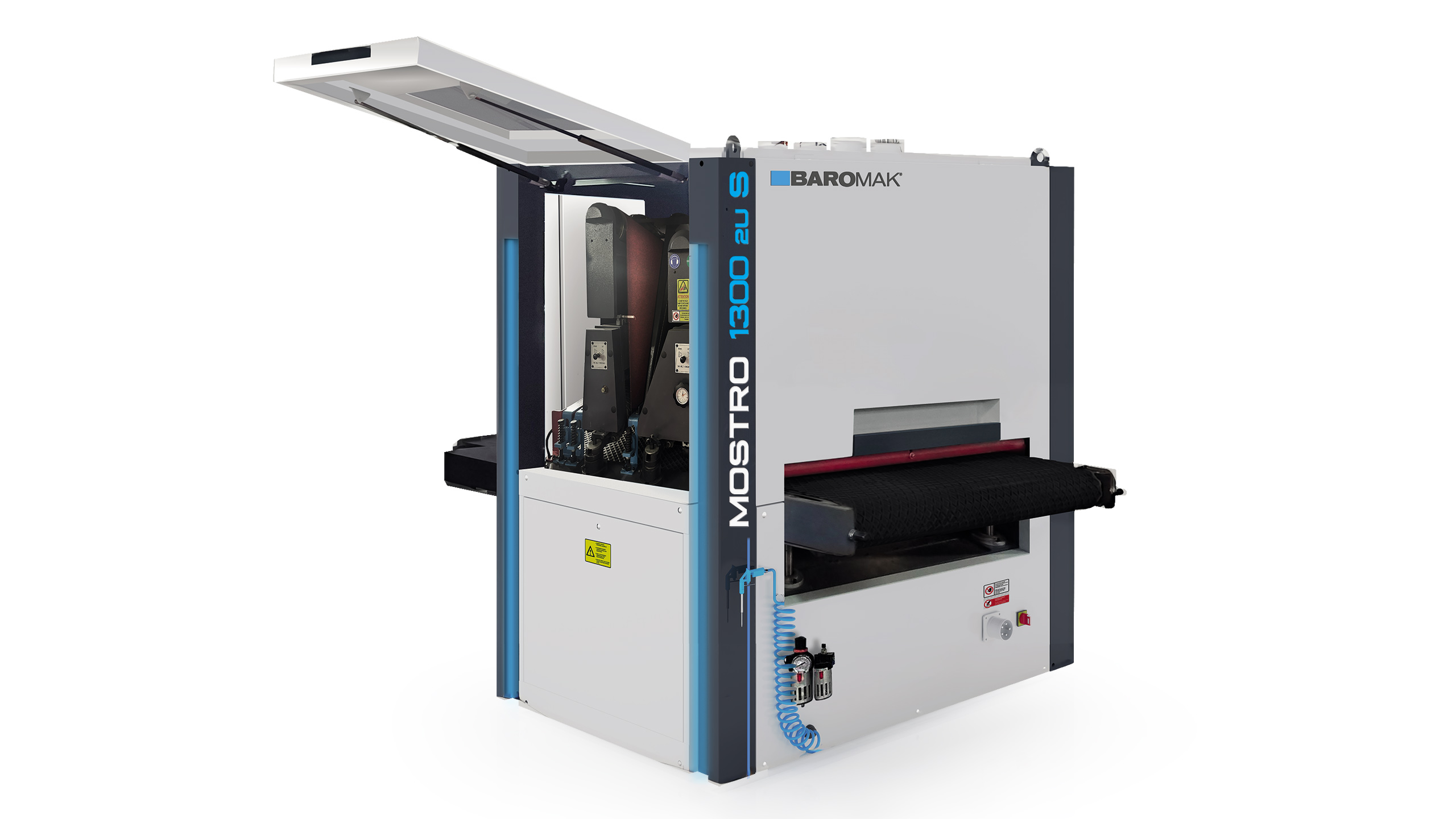 Baromak Mostro 1300 2U S wide belt sanding machine with open hood, conveyor belt, and abrasive drum visible
