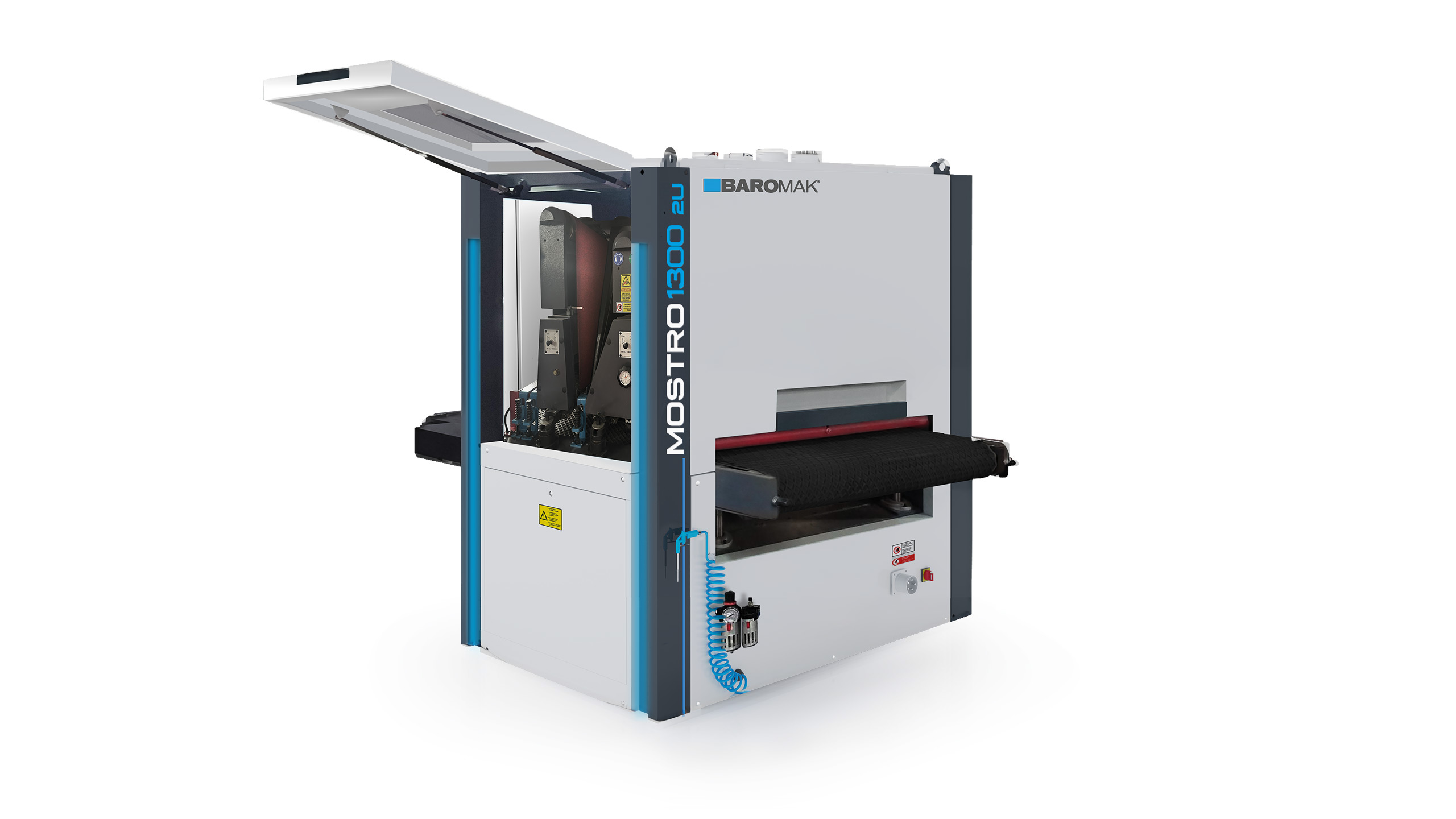 Baromak MOSTRO 1300 2U wide belt sanding machine with open hood, conveyor belt, and blue accent frame on white background