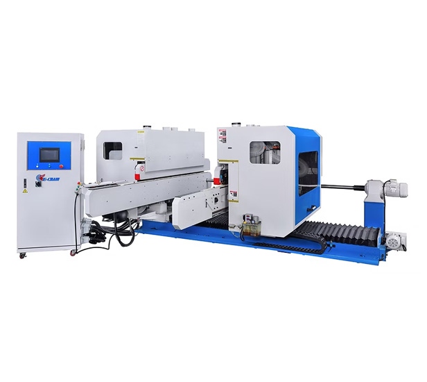 NC Type Automatic Double End Tenoner machine in white and blue, with a CNC control panel and conveyor bed