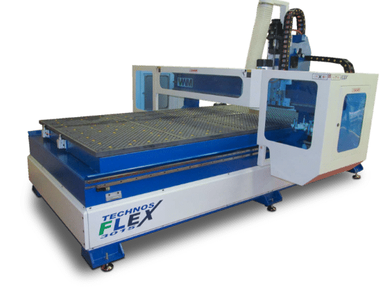 Technos Flex 3075 CNC router machine with a large blue and white frame and grid work surface