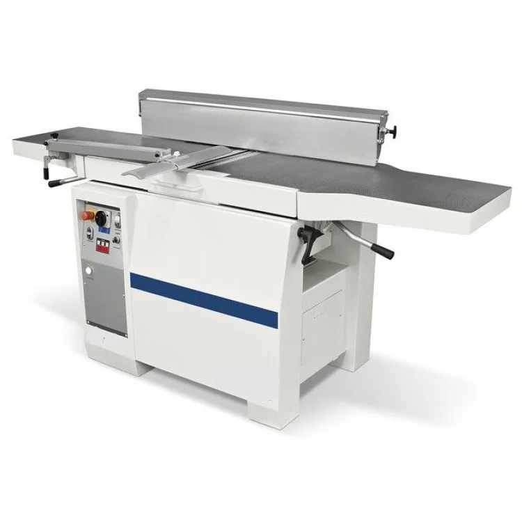 White and grey planer thicknesser with a blue stripe, long cast iron tables, fence, and control panel with red and green buttons.