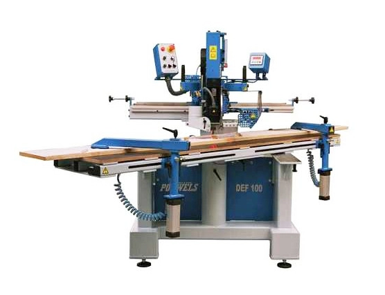 Pouwels DEF 100 blue woodworking stair making machine with extended timber feed table on white background