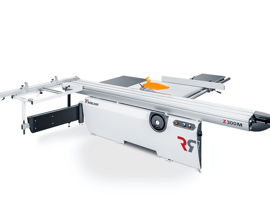 Robland Z300M sliding table panel saw with extended rip fence and orange blade guard on white background