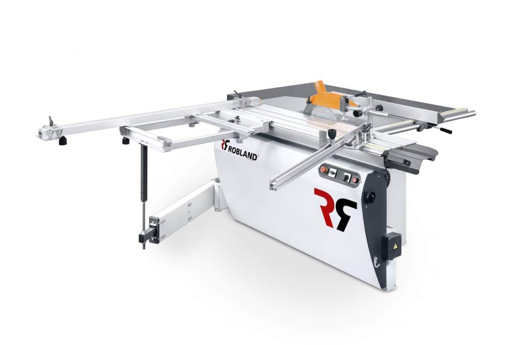Robland NXZ panel saw with sliding table, rip fence, and scoring blade unit on a white background