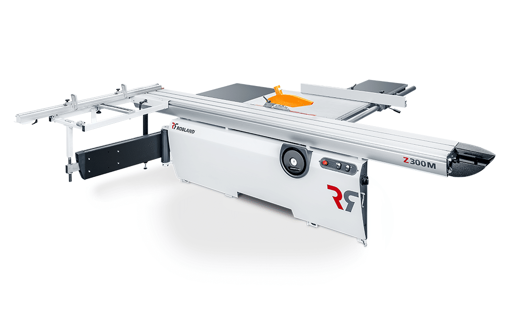 Robland Z300M panel saw with sliding table, rip fence, and orange blade guard on a white background