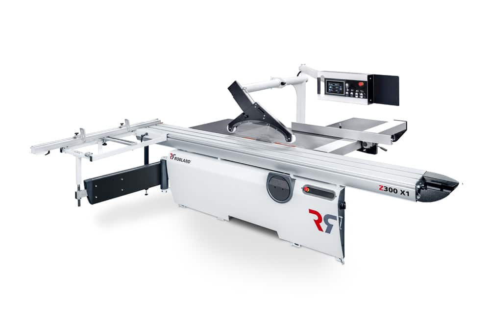 Robland Z300 X1 sliding panel saw with CNC fence, sliding table, and digital control panel on a white background
