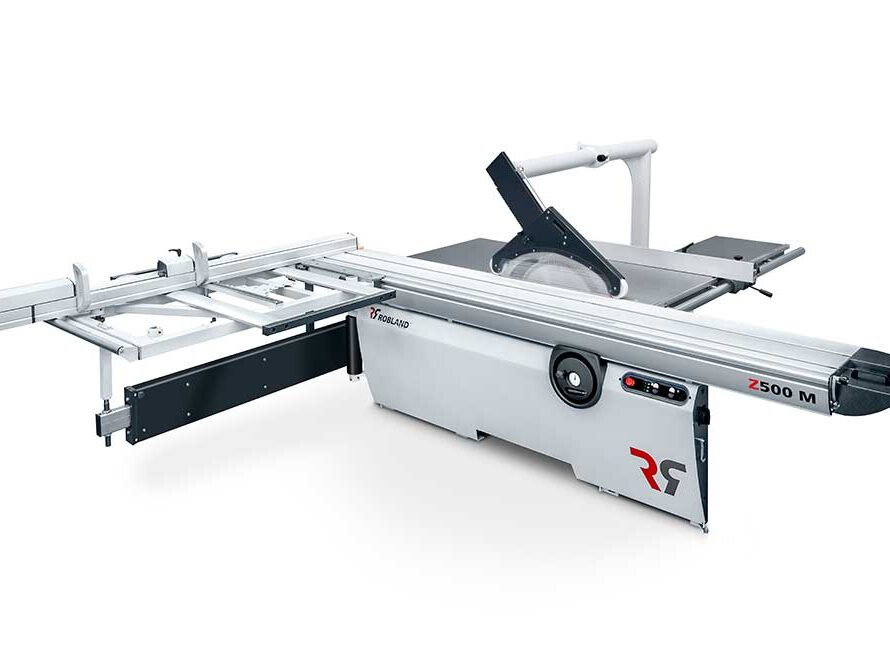 Robland Z500 M sliding table panel saw with extending rip fence and scoring blade unit on white background