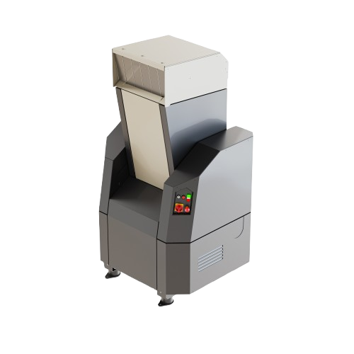 Robust Lab SD450 industrial shredder machine with grey casing, open feed hopper, and red control buttons on white background