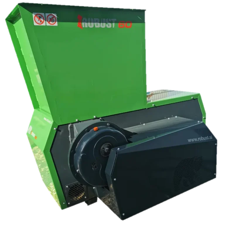 Robust 60 industrial shredder machine in green and black with a large open feed hopper and drive motor