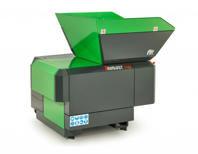 Robust 70 industrial shredder machine with green hopper and dark grey body on a white background