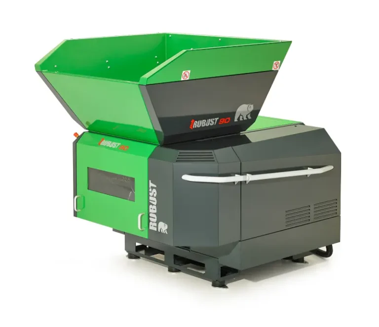 Robust SD90 industrial shredder machine in green and dark grey with a large open-top hopper feed