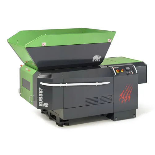 Robust SD90 XL industrial shredder with green hopper and dark grey body featuring claw graphic and control panel