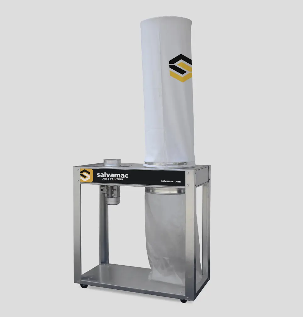 Salvamac mobile bagging dust extractor with upper filter bag, lower collection bag, and metal frame on castors