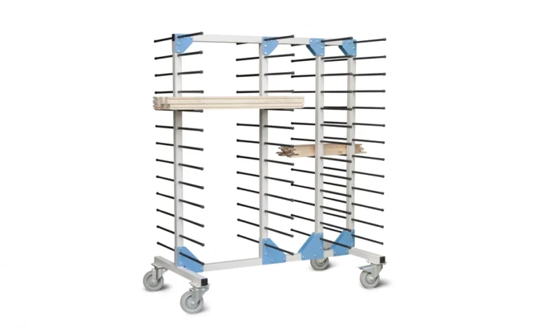 White metal drying rack trolley with blue corner brackets, black horizontal arms, and four castors, holding wooden panels