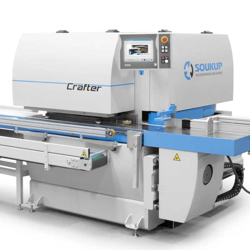 Soukup Crafter CNC window machining centre with blue conveyor feed system and touchscreen control panel