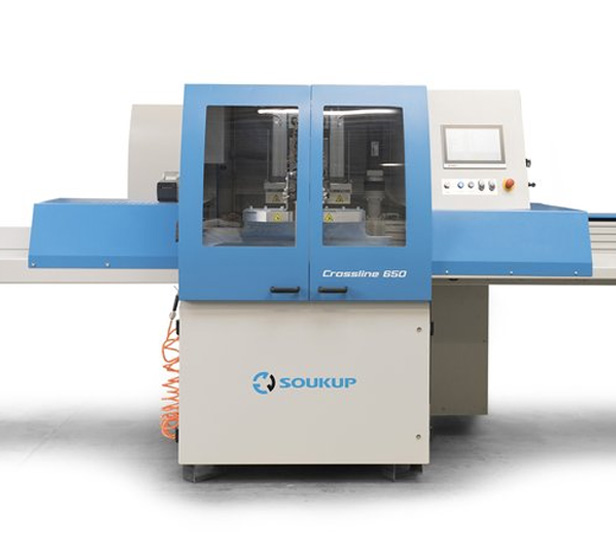Soukup Crossline 650 automatic angle cross cut saw, a blue and grey industrial cutting machine with twin heads