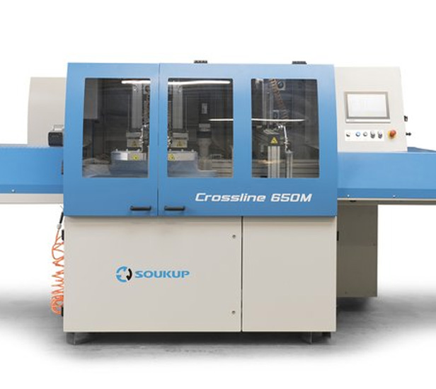 Soukup Crossline 650M automatic angle cross cut saw with trenching, blue and grey industrial machine with CNC control panel