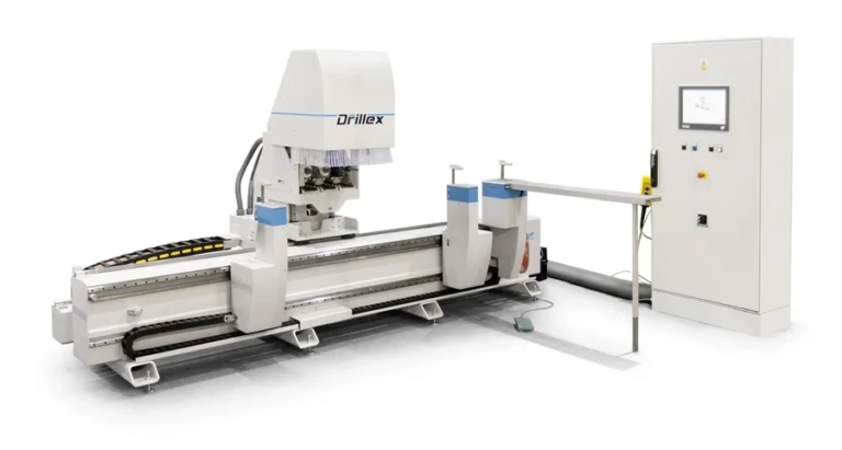 Soukup Drillex Work Centre CNC drilling machine with multi-spindle head, linear guide rail, and adjacent control cabinet