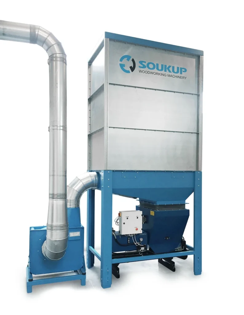 Soukup Woodworking Machinery dust extractor unit with blue steel frame, hopper, control panel, and silver ducting pipe