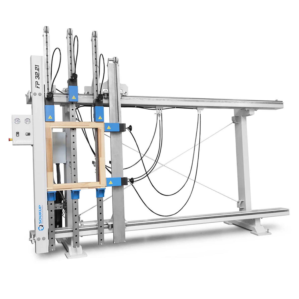Soukup FP 32.21 window and door press machine holding a wooden frame, with blue pneumatic clamps and aluminium frame structure
