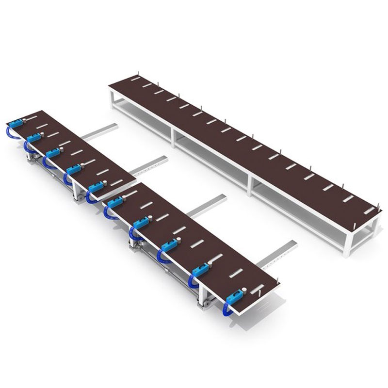 3D render of a Soukup Framer Line with two long dark-topped benches, white metal frames, and blue pneumatic clamps along the sides.