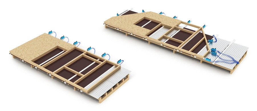 3D render of two Soukup Framer modular assembly tables configured for timber frame panel construction