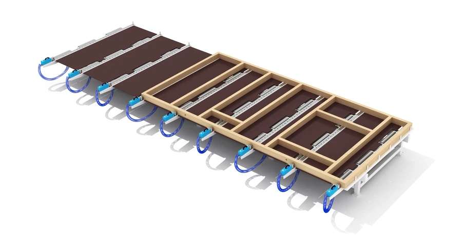 3D render of a timber frame floor panel system with blue hydraulic connectors along the side, used in wood house construction