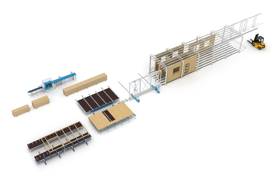 3D diagram of a timber frame panel production line with assembly stages, machinery, and a forklift handling completed wall panels