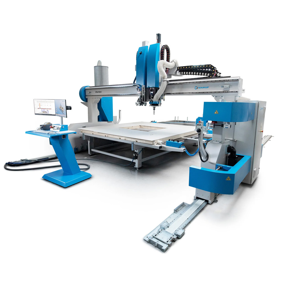 Soukup Pontec large-format CNC machining centre with blue gantry, spindle head, control monitor, and extended rail system
