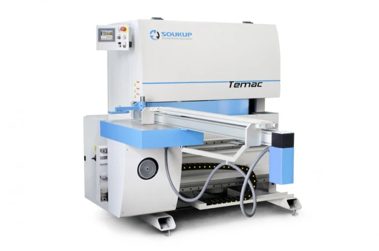 Soukup Temac automatic single end tenoning machine in white and blue on a white background